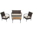 4 Pieces Patio Cushioned Wicker Conversation Set with Acacia Wood Tabletop Supply