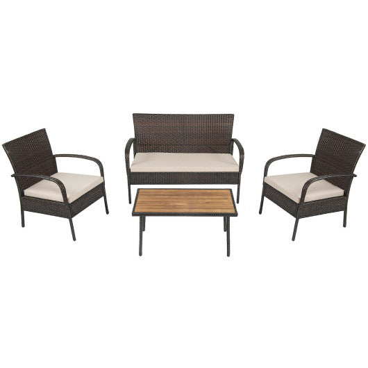 4 Pieces Patio Cushioned Wicker Conversation Set with Acacia Wood Tabletop Supply