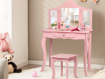 Kids Makeup Dressing Mirror Vanity Table Stool Set-Pink Supply