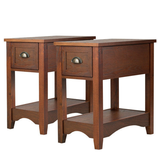 Set of 2 Contemporary Side End Table with Drawer-Walnut Discount