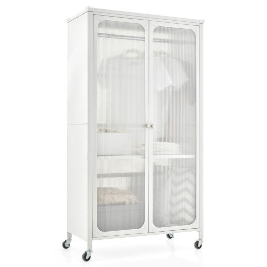 Rolling Storage Armoire Closet with Hanging Rod and Adjustable Shelf-White Fashion