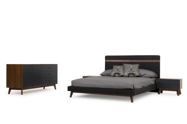 Modern Grey Fabric & Walnut Queen Bed Online