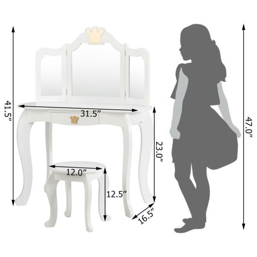 Kids Makeup Dressing Table with Tri-folding Mirror and Stool-White Cheap