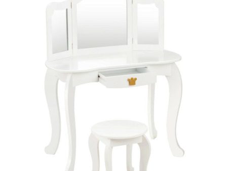 Kids Makeup Dressing Table with Tri-folding Mirror and Stool-White Cheap