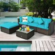 5 Pcs Outdoor Patio Rattan Furniture Set Sectional Conversation with Navy Cushions-Turquoise Online Hot Sale