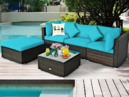 5 Pcs Outdoor Patio Rattan Furniture Set Sectional Conversation with Navy Cushions-Turquoise Online Hot Sale