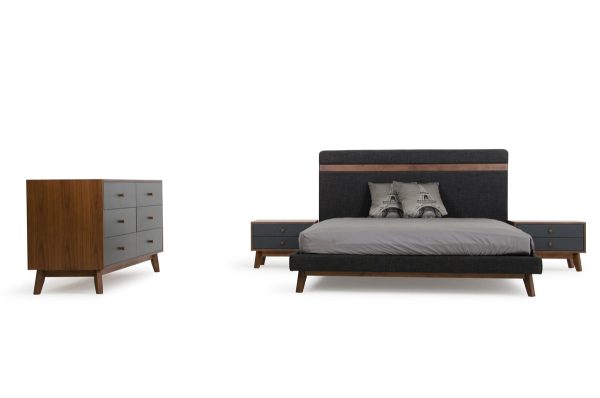 Modern Grey Fabric & Walnut Queen Bed Online