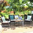 4 Pieces Patio Cushioned Wicker Conversation Set with Acacia Wood Tabletop Supply