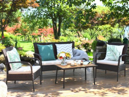 4 Pieces Patio Cushioned Wicker Conversation Set with Acacia Wood Tabletop Supply