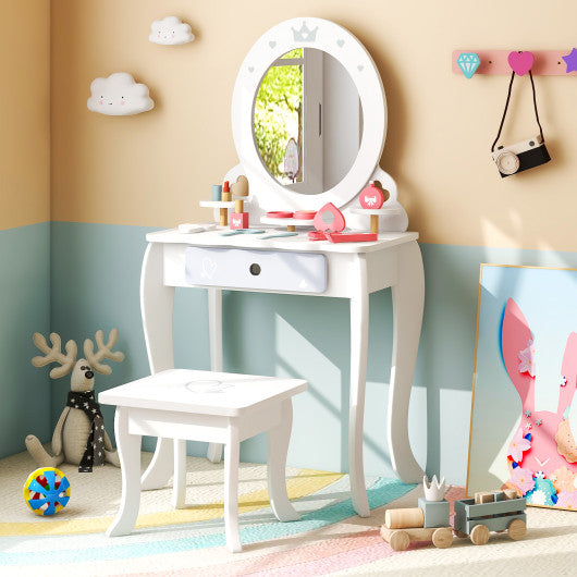 Kids 2-in-1 Princess Makeup Table and Chair Set with Removable Mirror-White Cheap