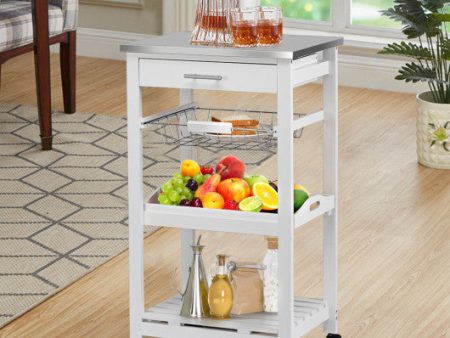 Kitchen Island Cart with Stainless Steel Tabletop and Basket-White For Cheap