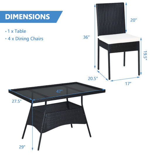 5 Pieces Outdoor Patio Rattan Dining Set with Glass Top with Cushions on Sale