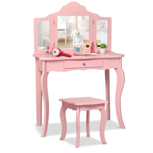 Kids Makeup Dressing Mirror Vanity Table Stool Set-Pink Supply