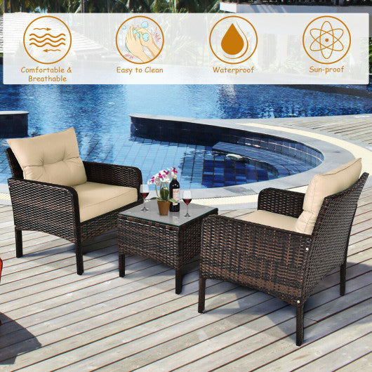 3 Pieces Outdoor Patio Rattan Conversation Set with Seat Cushions-Beige Online Sale