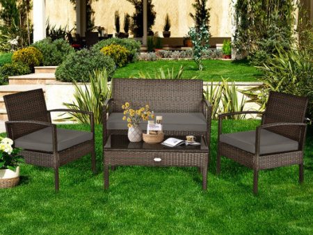 4 Pieces Patio Rattan Cushioned Furniture Set with Loveseat and Table -Brown Online