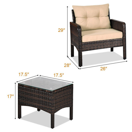 3 Pieces Outdoor Patio Rattan Conversation Set with Seat Cushions-Beige Online Sale