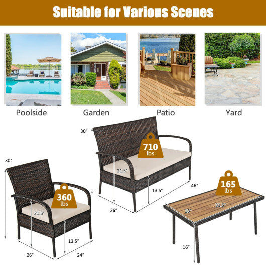 4 Pieces Patio Cushioned Wicker Conversation Set with Acacia Wood Tabletop Supply