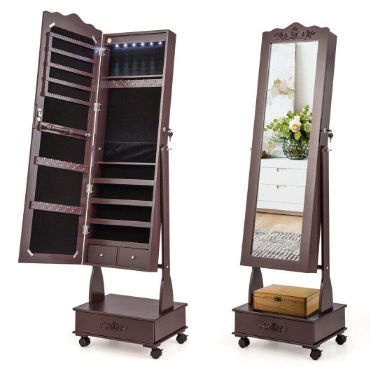 Rolling Floor Standing Mirrored Jewelry Armoire with Lock and Drawers-Brown Online