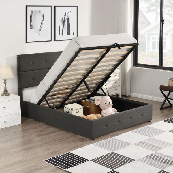 Gray Iron And Tufted Linen Blend Full Adjustable Bed Frame For Cheap