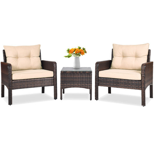 3 Pieces Outdoor Patio Rattan Conversation Set with Seat Cushions-Beige Online Sale