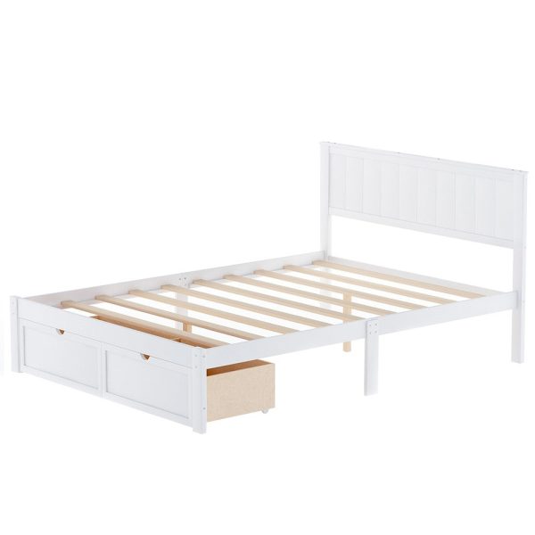 White Ribbed Texture Wood Full With Two Drawers Bed Frame Discount