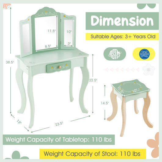 Kids Vanity Set with Tri-folding Mirror-Green Fashion