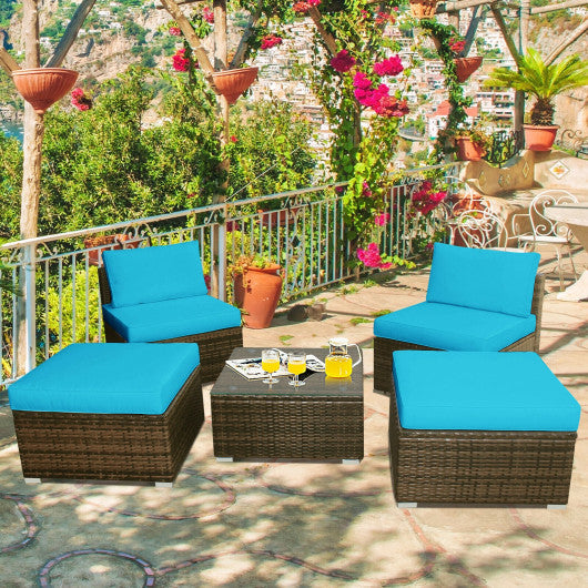 5 Pieces Patio Rattan Furniture Set with Cushioned Armless Sofa-Turquoise Discount