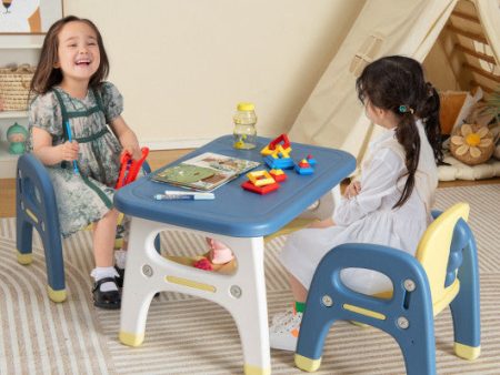 Kids Table and 2 Chairs Set with Storage Shelf and Building Blocks-Blue Supply