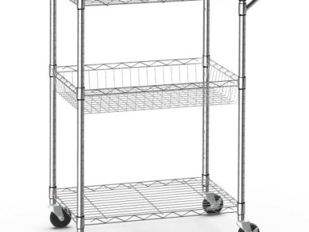 3-Tier Rolling Utility Cart with Handle Bar and Adjustable Shelves Sale