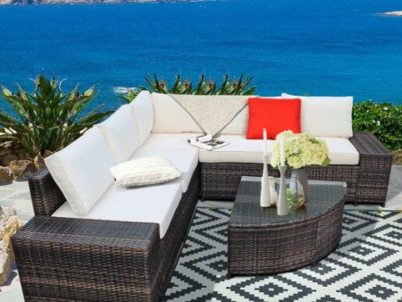 6 Piece Wicker Patio Sectional Sofa Set with Tempered Glass Coffee Table-White on Sale