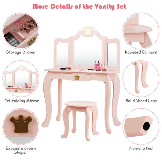 Kids Makeup Dressing Table with Tri-folding Mirror and Stool-Pink Cheap