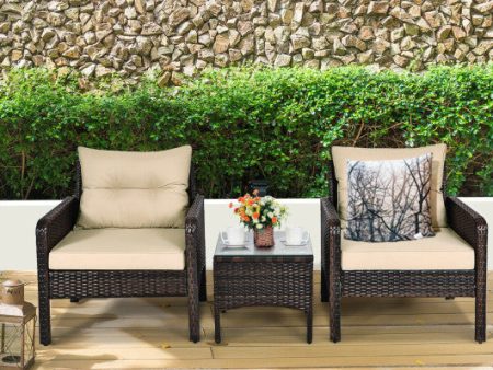 3 Pieces Outdoor Patio Rattan Conversation Set with Seat Cushions-Beige Online Sale