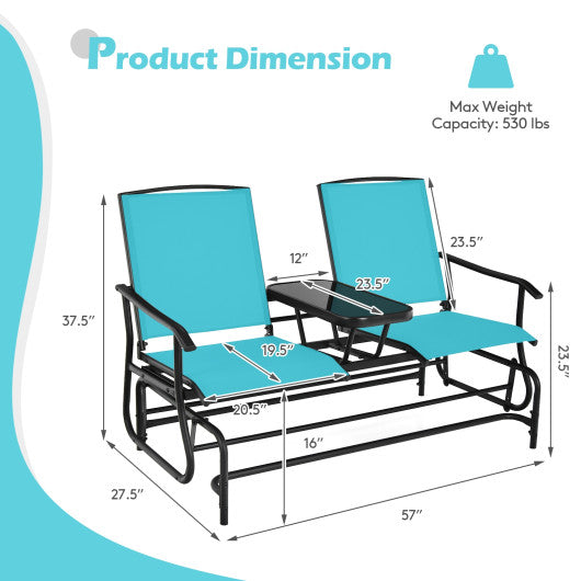 2-Person Double Rocking Loveseat with Mesh Fabric and Center Tempered Glass Table-Turquoise For Cheap