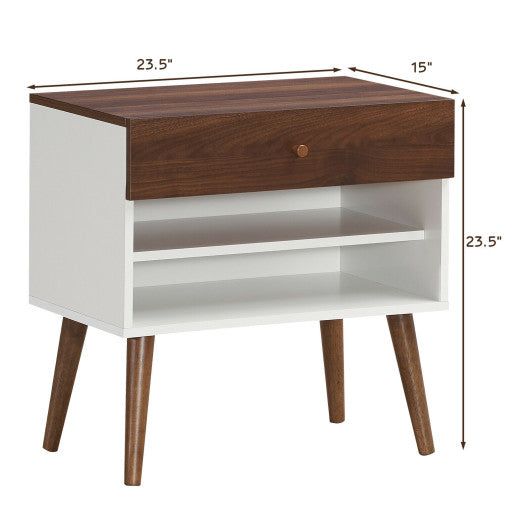 Mid-Century Nightstand with Drawer and Rubber Wood Legs Hot on Sale