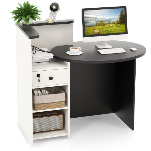 Front Reception Office Desk with Open Shelf and Lockable Drawer-Black & White Online Sale