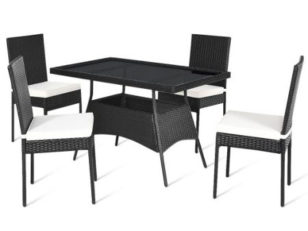 5 Pieces Outdoor Patio Rattan Dining Set with Glass Top with Cushions on Sale