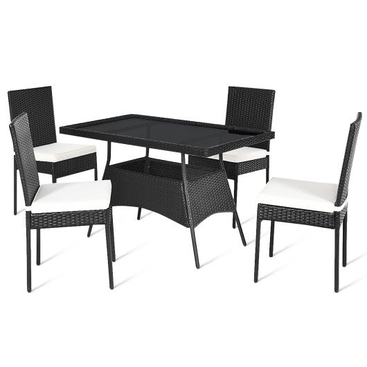 5 Pieces Outdoor Patio Rattan Dining Set with Glass Top with Cushions on Sale