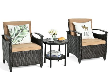 3 Pieces Patio Rattan Furniture Set Cushioned Sofa Storage Table with Shelf Garden Online Hot Sale