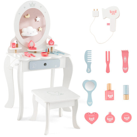 Kids 2-in-1 Princess Makeup Table and Chair Set with Removable Mirror-White Cheap