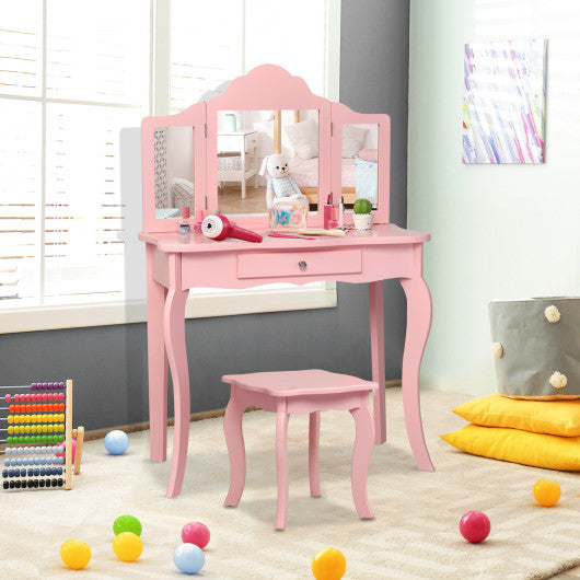 Kids Makeup Dressing Mirror Vanity Table Stool Set-Pink Supply