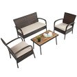 4 Pieces Patio Cushioned Wicker Conversation Set with Acacia Wood Tabletop Supply