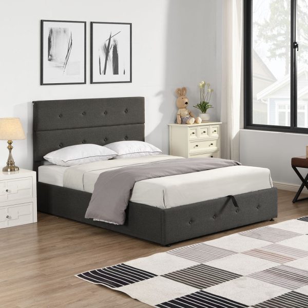 Gray Iron And Tufted Linen Blend Full Adjustable Bed Frame For Cheap