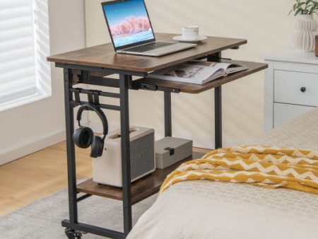 Rolling Laptop Table with Pull-out Keyboard Tray and Hooks-Rustic Brown Supply