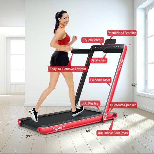 2-in-1 Electric Motorized Health and Fitness Folding Treadmill with Dual Display and Speaker-Red Sale