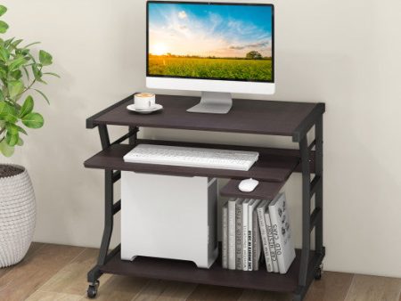 Mobile Computer Desk with Keyboard Tray Mouse Tray and Shelf-Dark Brown Discount