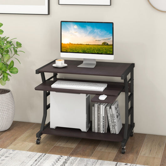 Mobile Computer Desk with Keyboard Tray Mouse Tray and Shelf-Dark Brown Discount