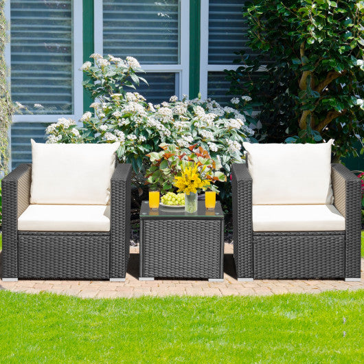 3 Pieces Patio Wicker Conversation Set with Cushion-White Sale