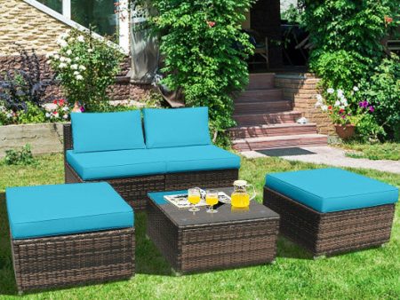 5 Pieces Patio Rattan Furniture Set with Cushioned Armless Sofa-Turquoise Discount