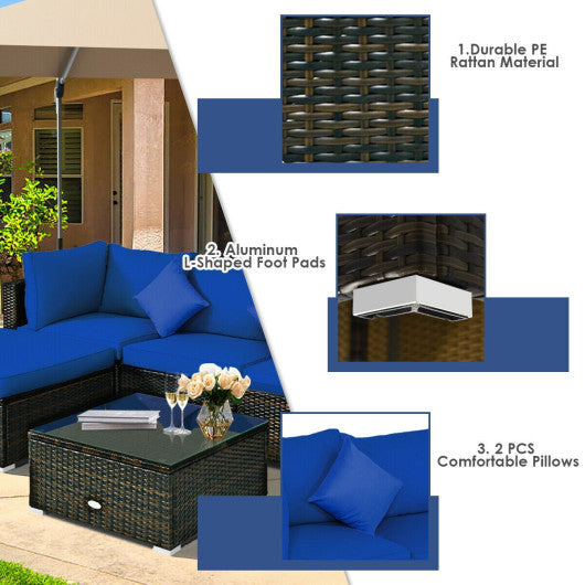 5 Pcs Outdoor Patio Rattan Furniture Set Sectional Conversation with Navy Cushions-Navy Sale