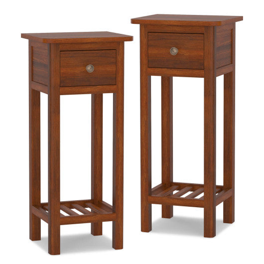 2 Tier Slim Nightstand Bedside Table with Drawer Shelf-Brown Cheap